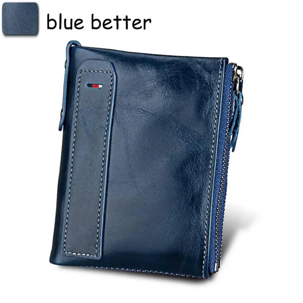 Genuine Cow Leather Men Wallets RFID Double Zipper Card Holder High Quality Male Wallets Purse Vintage Coin Holder Men Wallets
