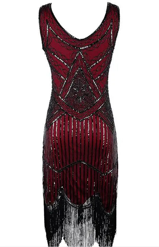 Women 1920s Great Gastby Sequin Art Deco Double Flapper Dresses Vintage V Neck Party Dress Embellished Fringed Summer Sleeveless