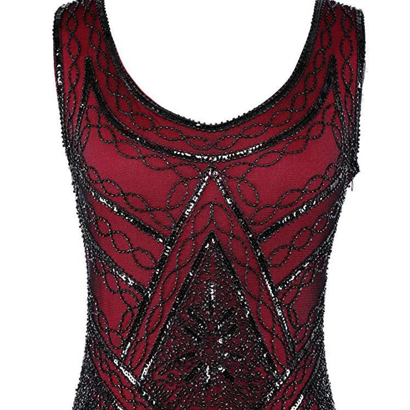 Women 1920s Great Gastby Sequin Art Deco Double Flapper Dresses Vintage V Neck Party Dress Embellished Fringed Summer Sleeveless