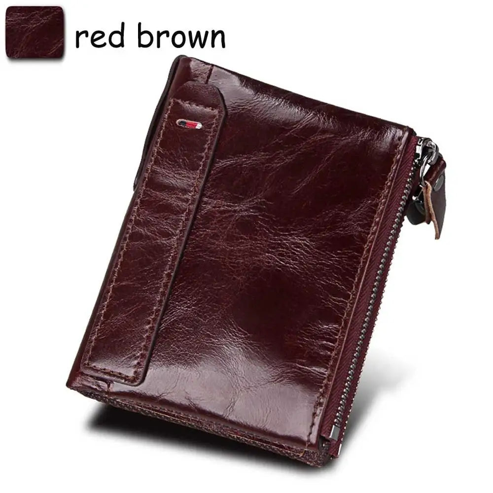 Genuine Cow Leather Men Wallets RFID Double Zipper Card Holder High Quality Male Wallets Purse Vintage Coin Holder Men Wallets