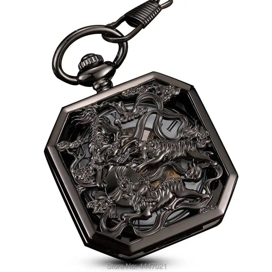 New Square Mehanical Pocket Watch Chains Chinese Beast Kylin Hollow Skeleton Engraved Fob Watches Steampunk for Men Women Reloj