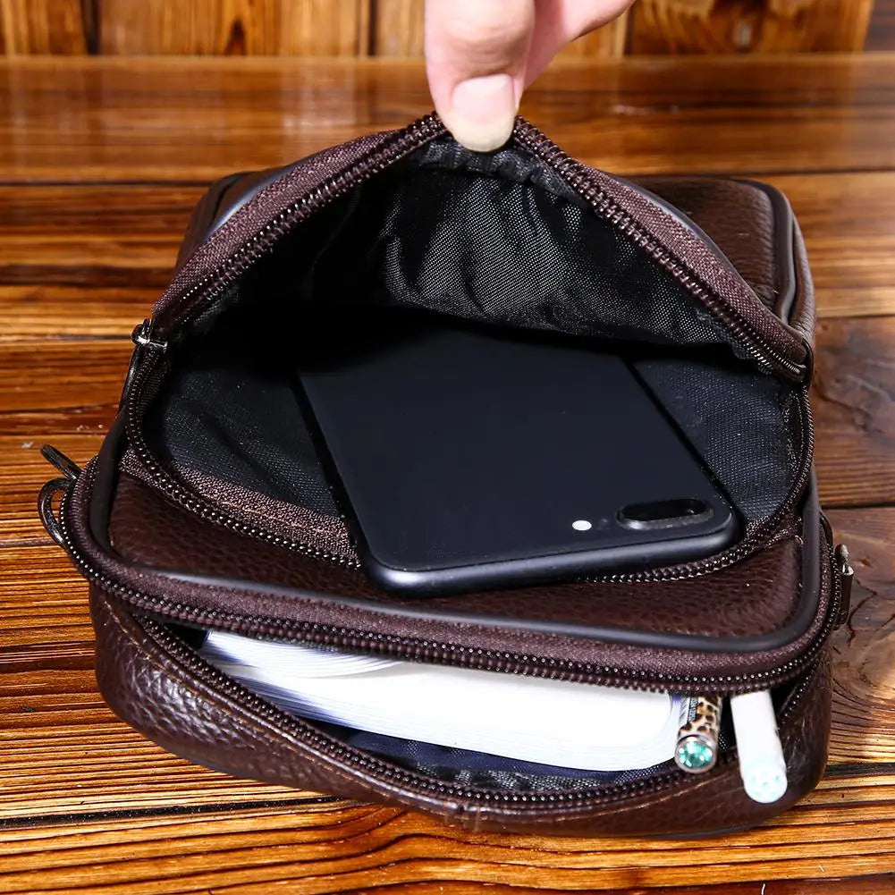 Men's Leather Small Messenger Bag Multi-Pockets Business Satchels Genuine Leather Crossbody Bags Fanny Belt Packs Phone Pouch