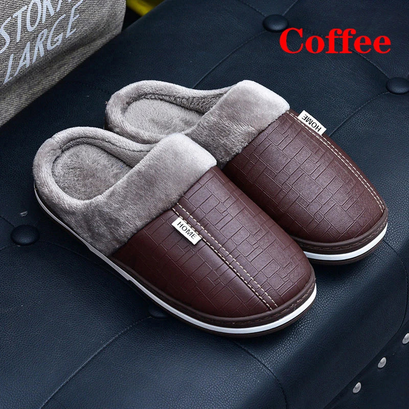 New Women Winter Slippers Indoor PU Leather Waterproof Cotton slippers Warm Home Fur Couple Non-slip Slipper Platform Shoes