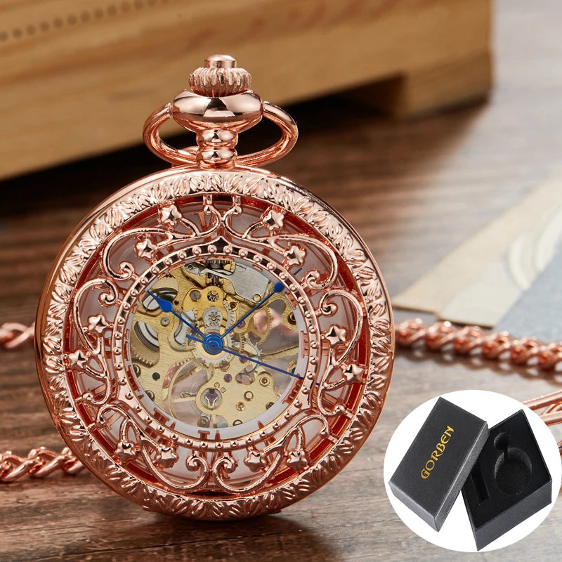 2023 Mechanical Pocket Watch Steampunk Pendent Chains Gold Skeleton Hand-winding Fob Watch Men Women Xmas gifts