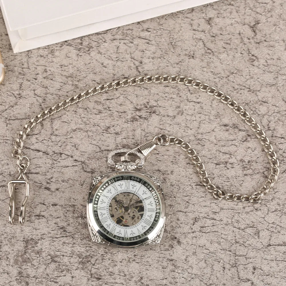 Silver Roman Numeral Square Dial Mechanical Hand Winding Pocket Watch Open Face Elegant Retro Pendant Manual Mechanism Timepiece