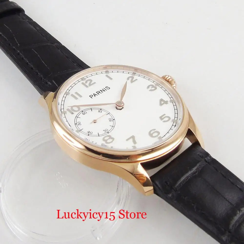 Rose Gold Hand Winding Round Wristwatch White Dial Gold Hand 6497 Movement 44mm Men Watches