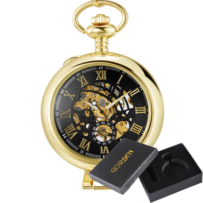 Gorben Transparent Cover Mechanical Pocket Watch Men Fashion Retro Casual Skeleton Dial Silver Hand Wind Male Fob Chain Watches