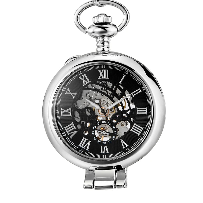 Gorben Transparent Cover Mechanical Pocket Watch Men Fashion Retro Casual Skeleton Dial Silver Hand Wind Male Fob Chain Watches