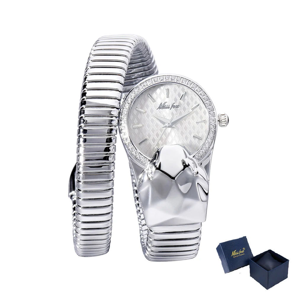 MISSFOX Snake Shape Diamond Watch For Women Luxury Brand Red Dial Ladies Gold Iced Out Watch Analog Quartz Movt Unique Watch
