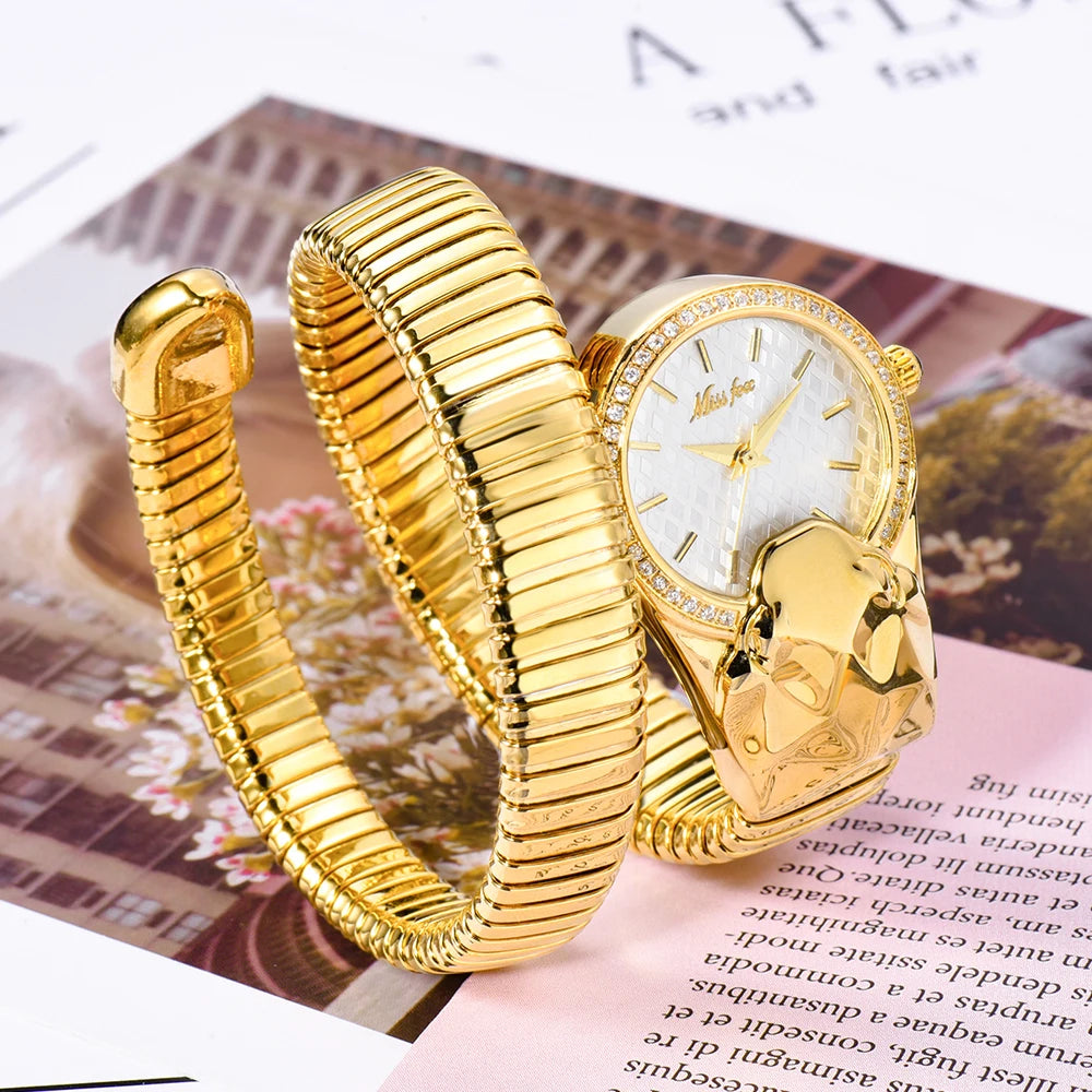 MISSFOX Snake Shape Diamond Watch For Women Luxury Brand Red Dial Ladies Gold Iced Out Watch Analog Quartz Movt Unique Watch