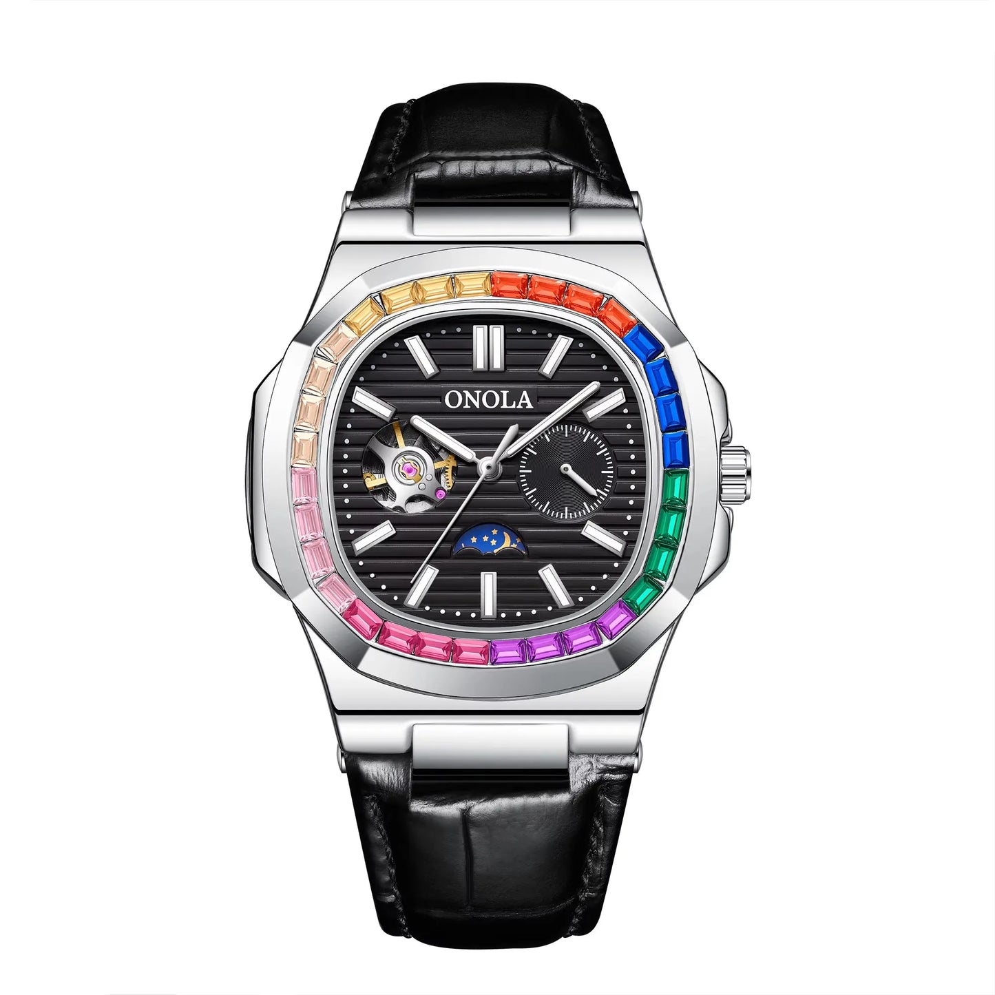 ONOLA 3855CH Fashion Colorful Diamond Hollow Fully Automatic Mechanical Men's and Women's Watches Waterproof Leather Men's Clock