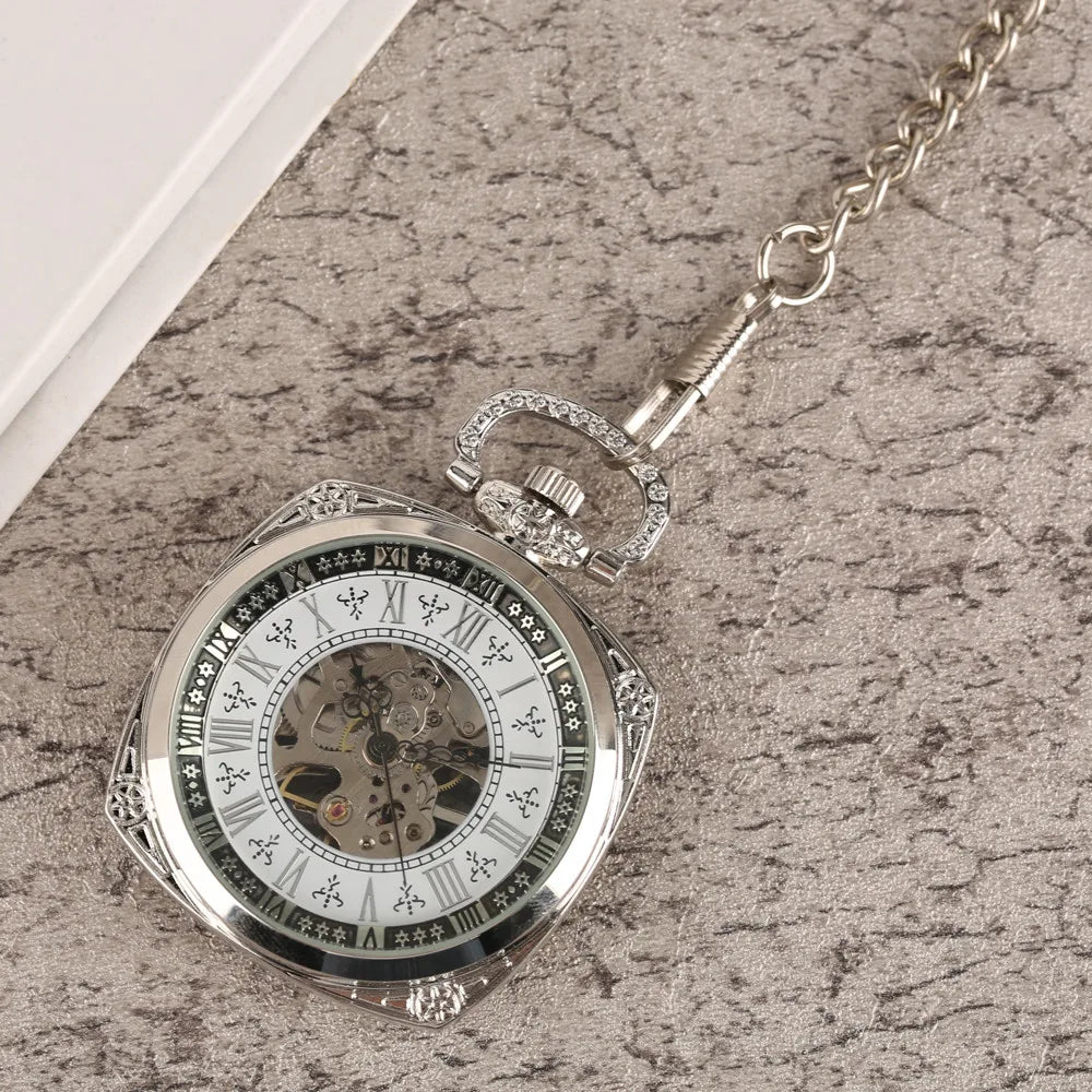 Silver Roman Numeral Square Dial Mechanical Hand Winding Pocket Watch Open Face Elegant Retro Pendant Manual Mechanism Timepiece