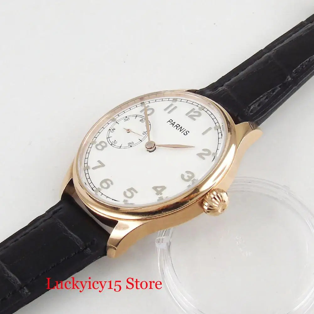Rose Gold Hand Winding Round Wristwatch White Dial Gold Hand 6497 Movement 44mm Men Watches
