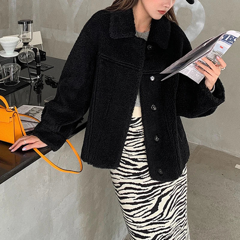 100% Wool Coat 2024 Autumn Winter Women Solid Lamb Fur Jacket Mujer One Fur Thick Warm Korean Sheep Shearing Short Manteau Femme