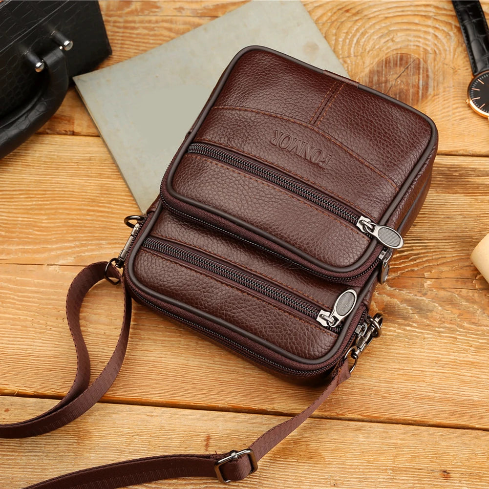 Men's Leather Small Messenger Bag Multi-Pockets Business Satchels Genuine Leather Crossbody Bags Fanny Belt Packs Phone Pouch