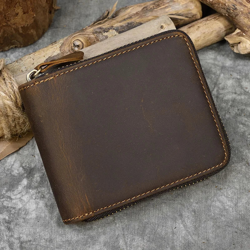 Luufan Genuine Leather Short Wallet Men Women Natural Cowskin Short Purse With Coin Pocket Zipper Around Card Purse Small Wallet