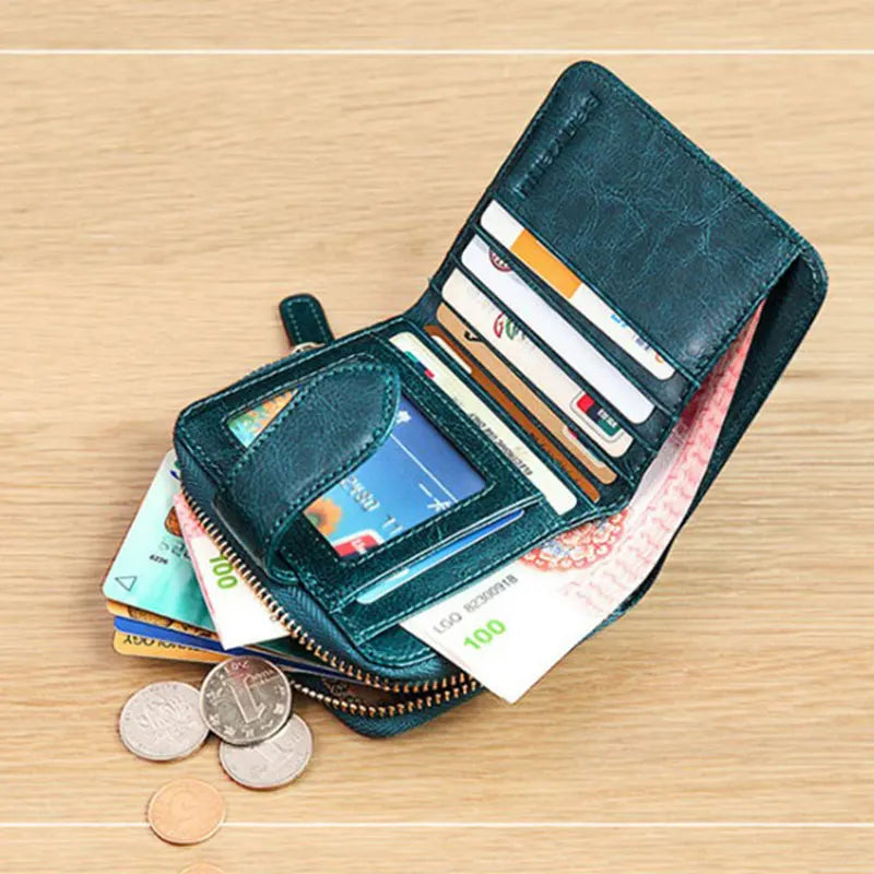 Billfold Oil Wax Genuine Leather Wallets Women Short Mini Clutch Purse Soild Coin Pocket Credit Card Holder Cowhide Bag