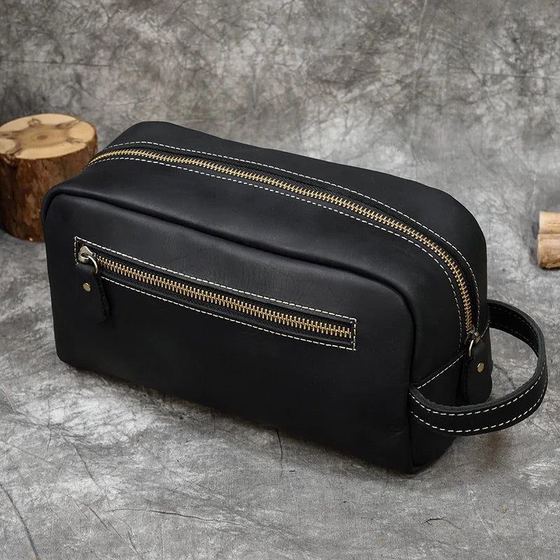Vintage Men's Genuine Leather Clutch Bag Brown Cow Leather Storage Bag travel Toiletry kits wash bag genuine leather men women