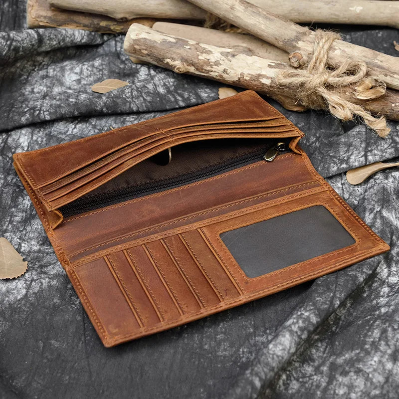 Luufan High Quality Genuine Leather Long Wallet Bifold Men Purse With Photo Coin Business Card Slot Leather Male Wallet Brown