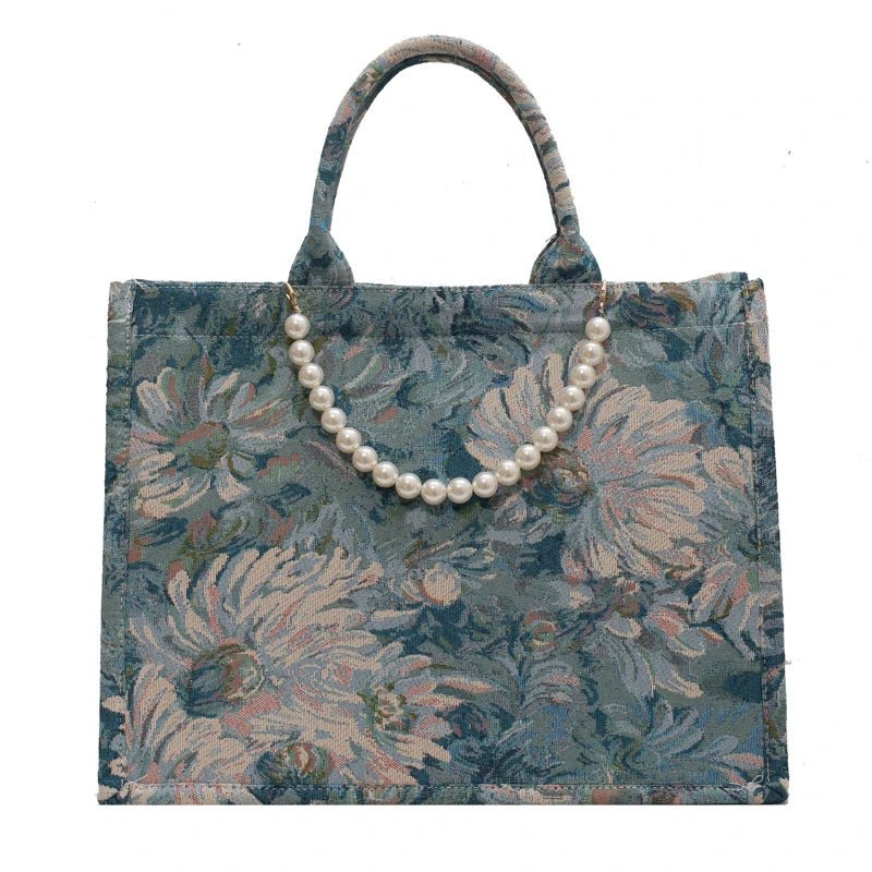 Unusual Design Denim Handbags for Women 2021Autumn New Luxury Woman Canvas Tote Bag Pearl Bead Decorated Diagonal Crossbag Femme
