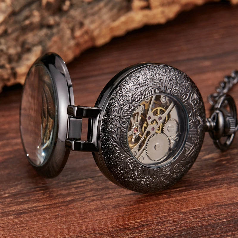 Gorben Transparent Cover Mechanical Pocket Watch Men Fashion Retro Casual Skeleton Dial Silver Hand Wind Male Fob Chain Watches