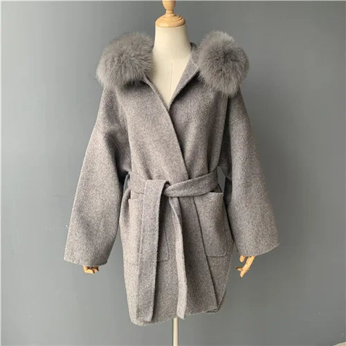 2024 Real Fur Coat Hood Winter Jacket Women 100% Natural Fox Fur Collar Cuffs Cashmere Wool Blend Oversize Outerwear New Loose
