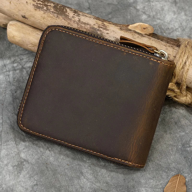 Luufan Genuine Leather Short Wallet Men Women Natural Cowskin Short Purse With Coin Pocket Zipper Around Card Purse Small Wallet