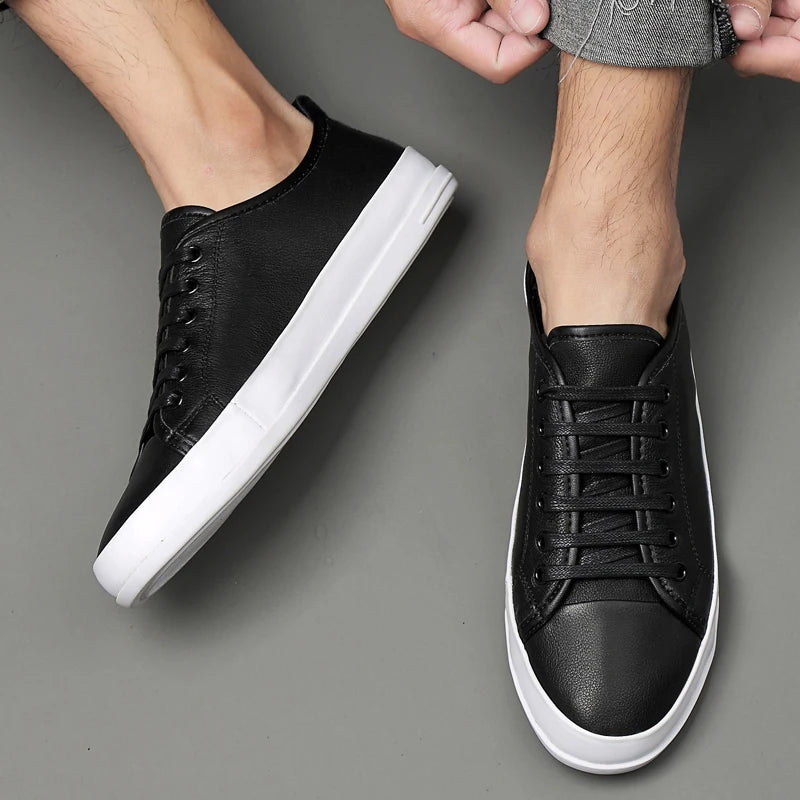 New Fashion Sneakers Genuine Leather Men Casual Shoes Footwear Male Flats Shoes Outdoor Black Mens Leather Designer