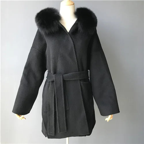 2024 Real Fur Coat Hood Winter Jacket Women 100% Natural Fox Fur Collar Cuffs Cashmere Wool Blend Oversize Outerwear New Loose