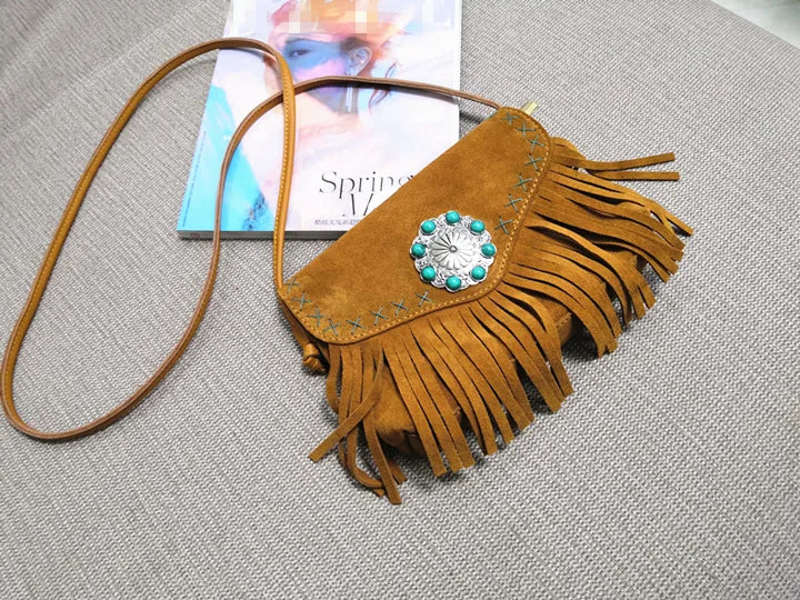 Female Genuine Leather Bohemian Gypsy Handbag 2025 Fashion Natural Suede Fringes Tribal Boho Chic Small Messenger Bag for Women