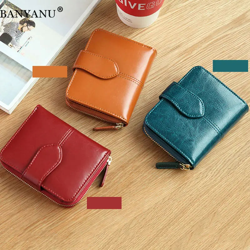 Billfold Oil Wax Genuine Leather Wallets Women Short Mini Clutch Purse Soild Coin Pocket Credit Card Holder Cowhide Bag