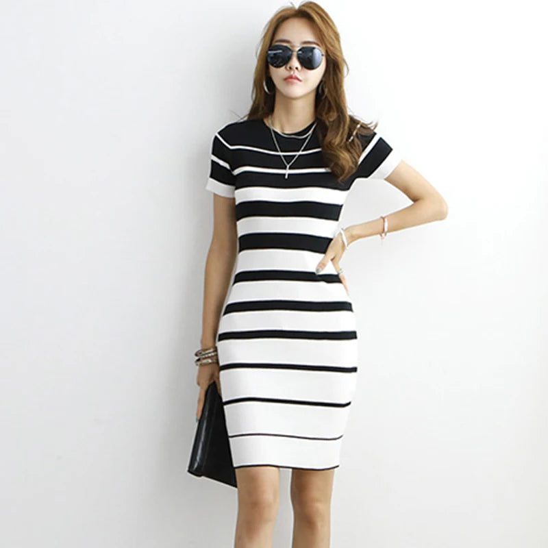 H Han Queen New Autumn Summer Women Vintage Stripe Knitted Dresses Office Bodycon Pencil Sheath Dress Simple Bottoming Vestidos