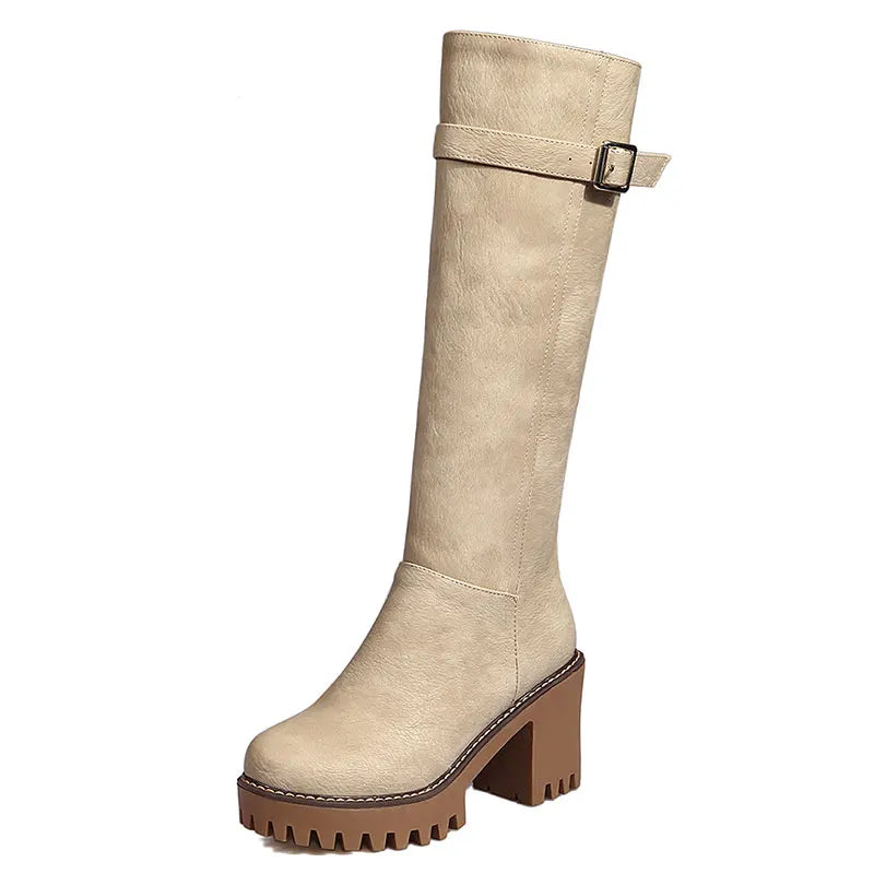 Lasyarrow Women Knee high Boots Autumn Winter Lace Up Thick High Heel Shoes Sexy punk PU Retro Buckle women shoes Ladies Boots