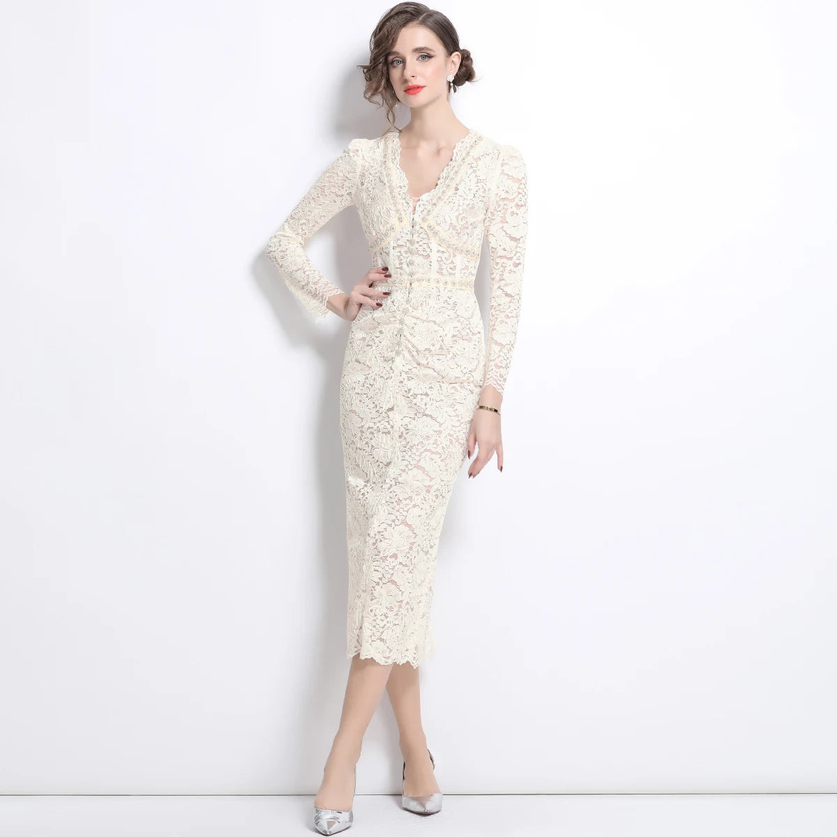 Elegant Luxury Crystal Embroidery Lace Evening Dresses Women Summer Autumn Long Sleeve Pencil Bead Chain Party Dress White