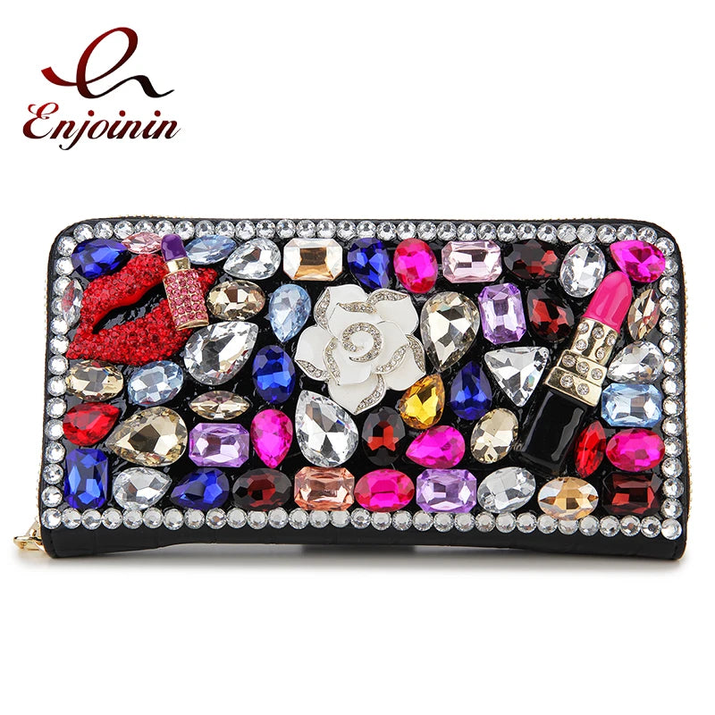 Luxury Diamond Women Long Purse Card Holder Coinetter Color Crystal Red Lip Pearl Wallet Pu Leather Zipper Around Wallet Female