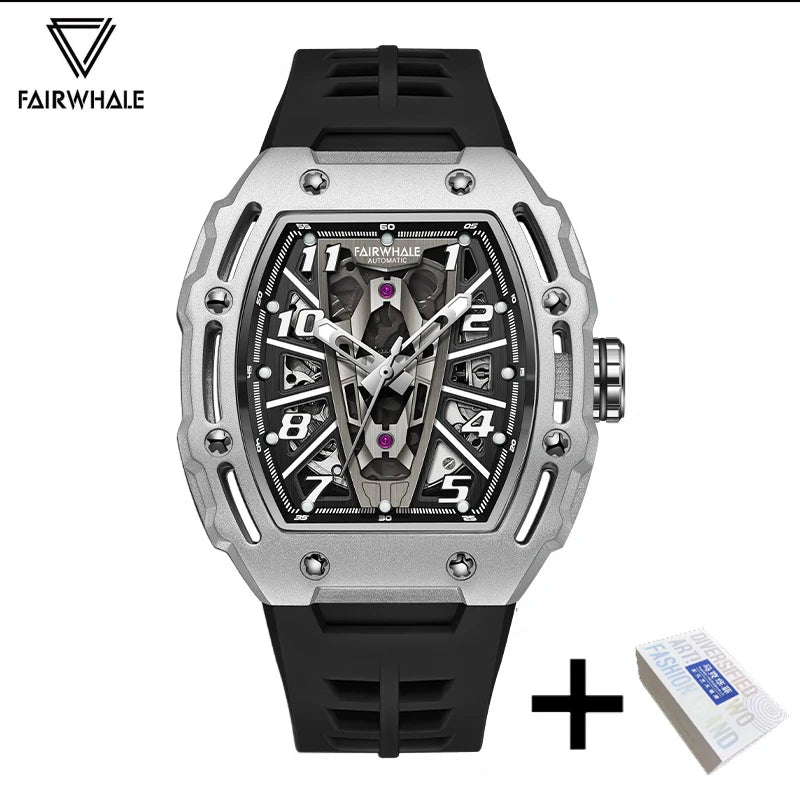 2025 Fashion Skeleton Automatic Watch Men Sports Silicone Strap Tonneau Red Wristwatch Man Luxury Mechanical Clocks Reloj Hombre