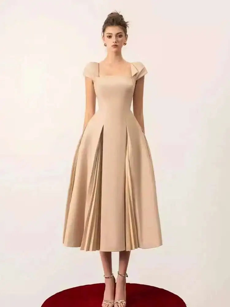 DEAT Elegant Dress Square Collar Backless High Waist Pleated Patchwork Women's Evening Dresses 2025 Autumn New Fashion 35Z405