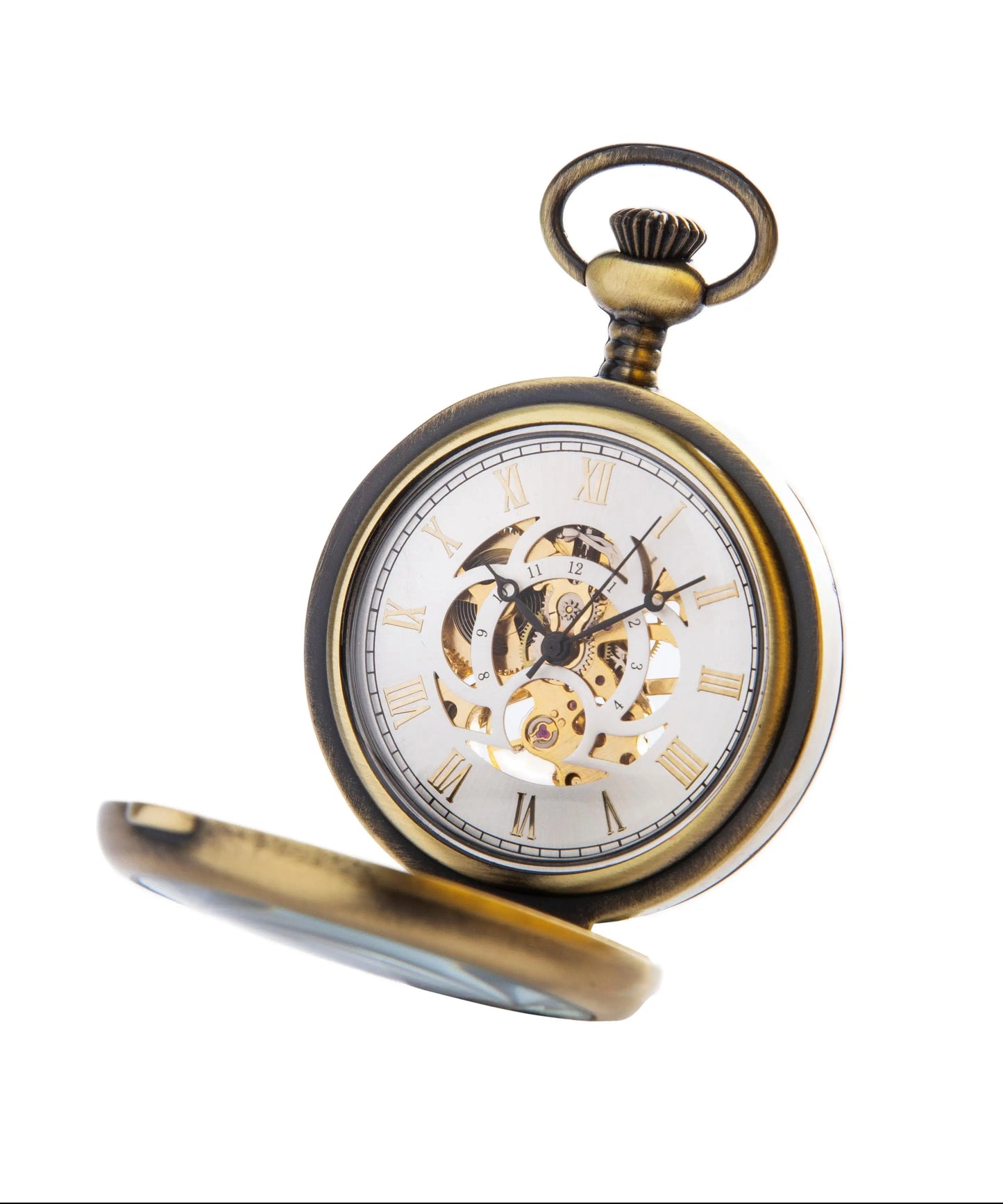 A bronze mechanical pocket watch with a glass that functions as a magnifying glass with a bold chain makes this pocket watch per