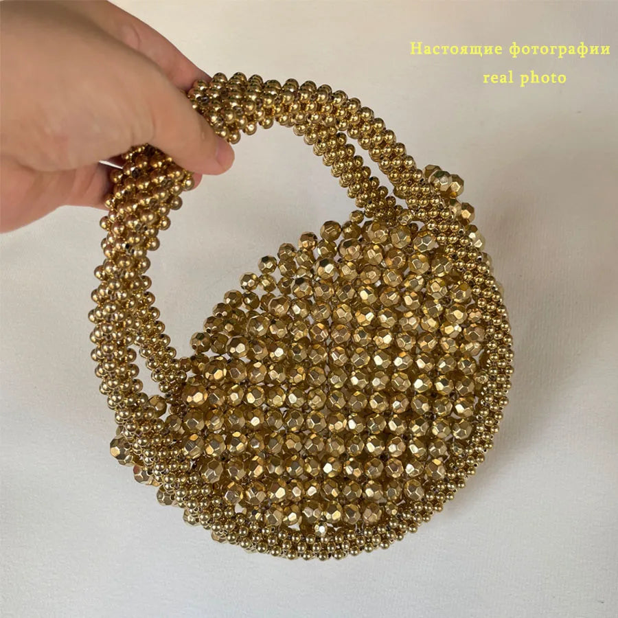 Women Woven Hand Bag Exquisite Design Hollow-out Handmade Beaded Handbag Small Evening Party Bag
