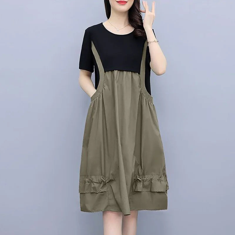 Fashion O-Neck Spliced Loose Folds Shirring Midi Dress Women's Clothing 2023 Summer New Oversized Fake Two Pieces Casual Dresses