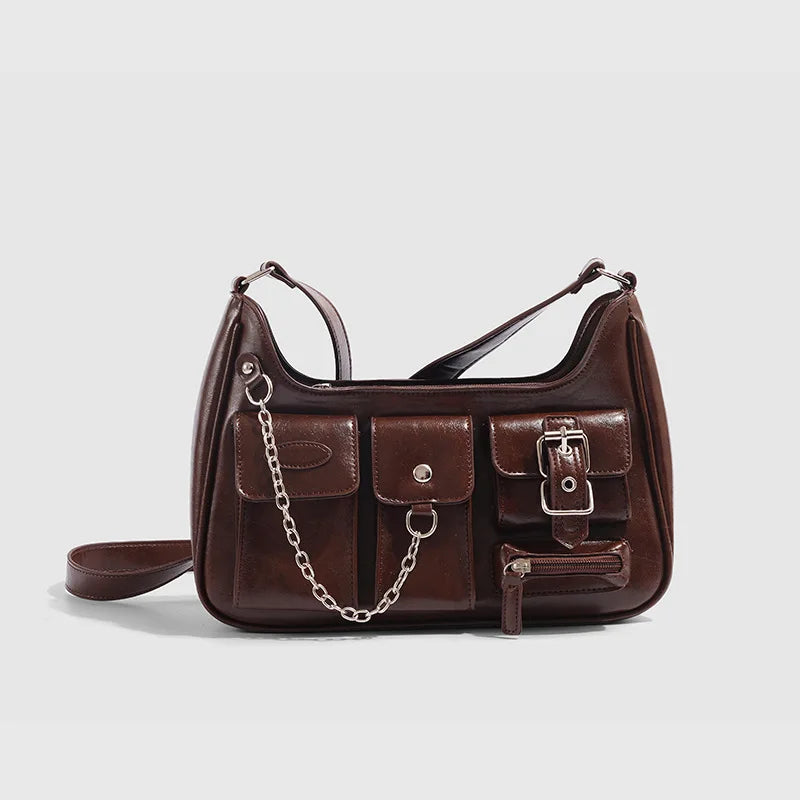 Xiuya Y2k Moto Biker Handbags for Women 2023 Gothic Fashion High Street Shoulder Bag Black Patent Leather Casual Coin Purse