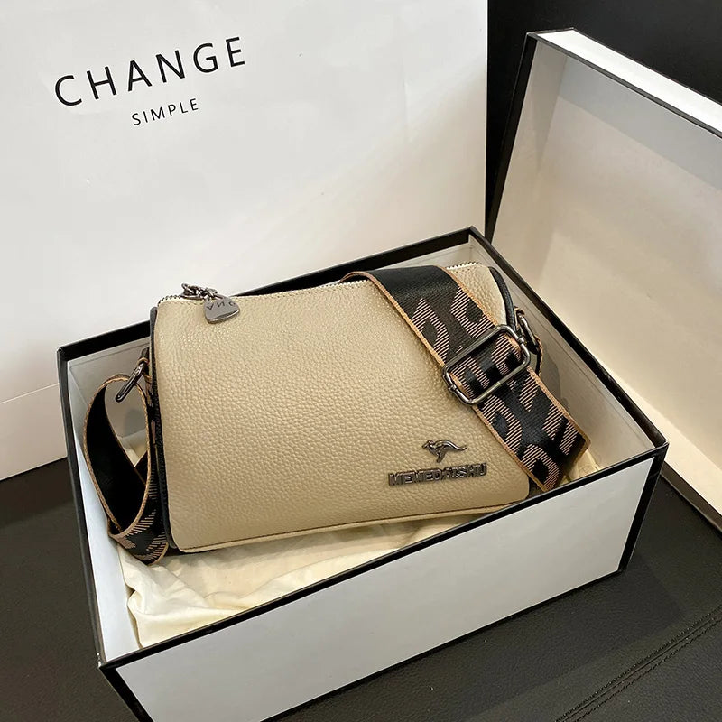 Ladies Genuine Leather Crossbody Bags Fashion Wide Strap Shoulder Messenger Bag for Women Luxury Brand Cowhide Wallets Clutch