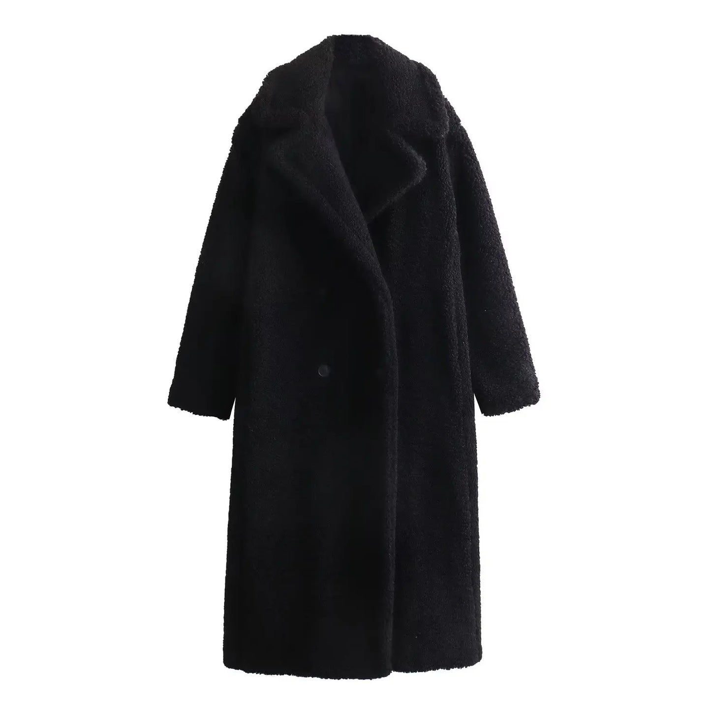 TRAFZA 2024 Winter Women Casual Solid Coat Double Breasted Fleece Coat Loose Fit Long Coat Women Vintage Oversized Long Jacket
