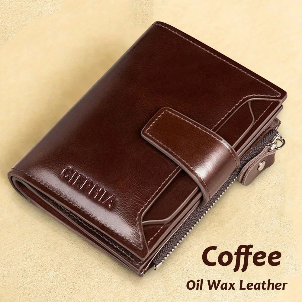 Men's Genuine Leather Wallet Vintage Short Multi Function Business Card Holder RFID Blocking Zipper Coin Pocket Money Clip