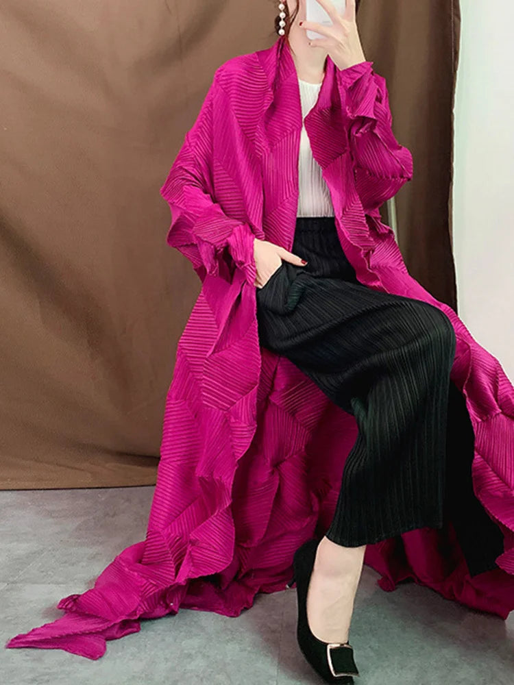 Miyake Pleated Long Trench Coat Women 2025 Spring Lapel Solid Color Long Sleeve Loose Casual Female Fashion Windbreaker