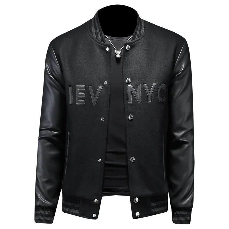 Handsome men's baseball collar patchwork jacket, high-quality baseball uniform, casual jacket, fashionable single breasted top