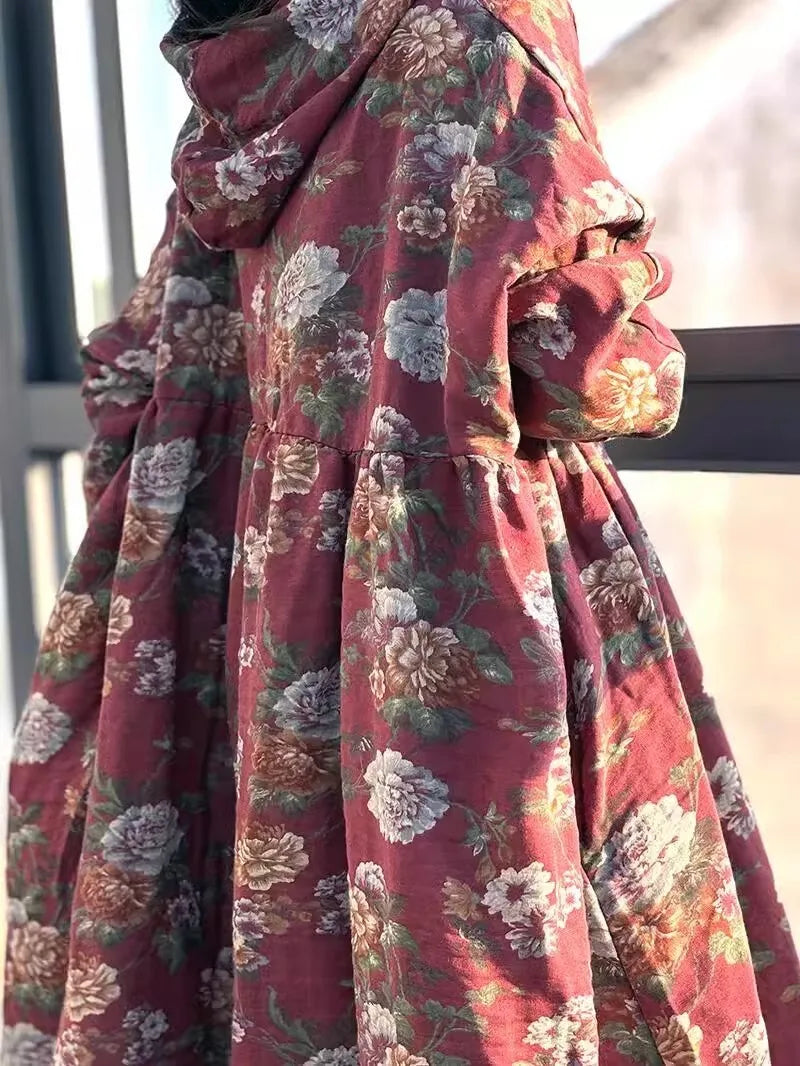 LYUZHE 2025 Spring Autumn New Chinese Style Printed Women Trench Coat Hooded Long Sleeve Retro Mid-length Trench Coat ZXY999B