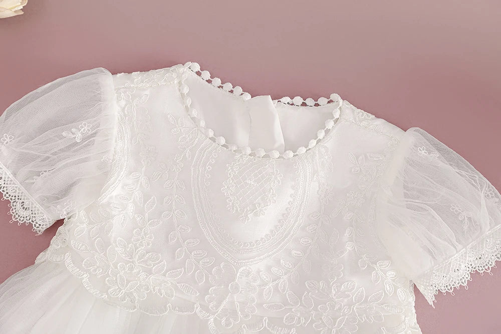 HETISO Baby Girls Elegant Embroidery Long White Christening Dress with Banner Toddler Birthday Party Gown 1 2 Years