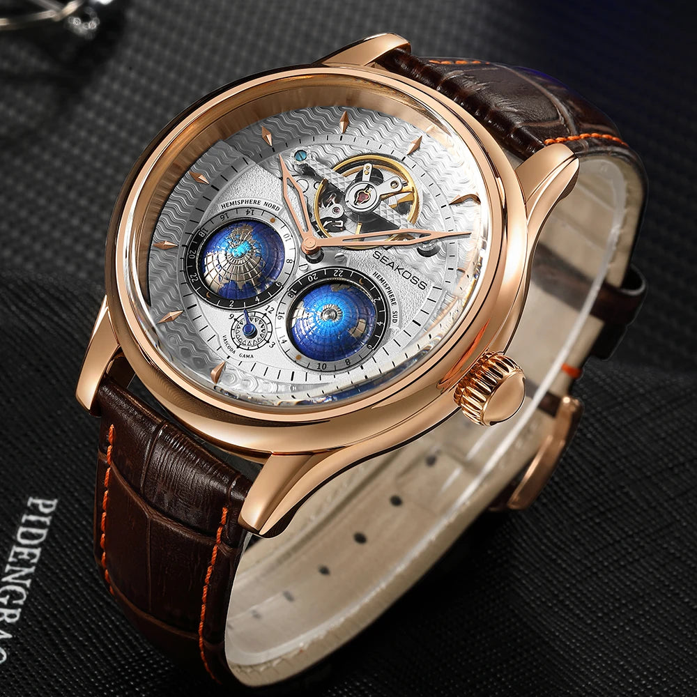 SEAKOSS 3D Double Earth Rotating Men's Mechanical Watch Automatic Movement Waterproof Clock Pilots Male 1963 Flywheel Watches