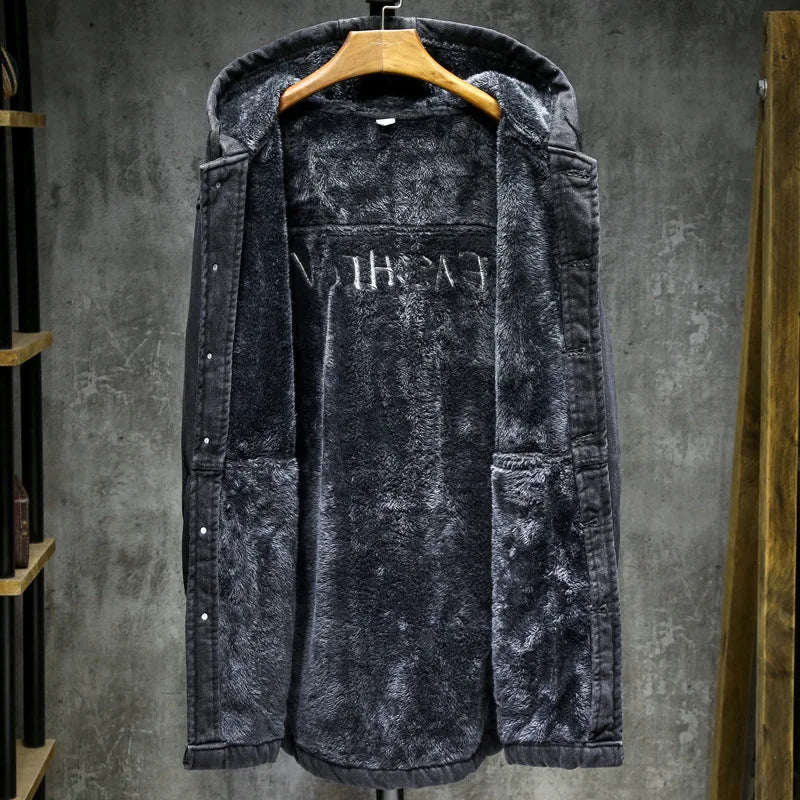 Winter Men's Long Jeans Jacket Fleece Lined Thick Thermal Cargo Denim Windbreaker Hooded Loose Fit Coat Outerwear For Male 5XL